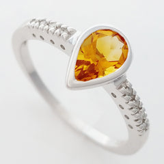 9K SOLID WHITE GOLD 0.70CT NATURAL PEAR CUT CITRINE RING WITH 8 DIAMONDS.